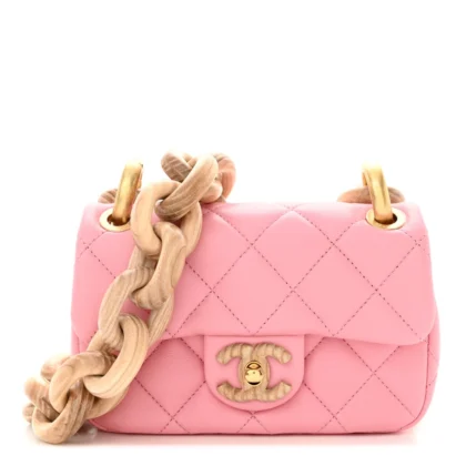 CHANEL WENGE WOOD SQUARE MINI PINK QUILTED LAMBSKIN LEATHER AGED GOLD HARDWARE