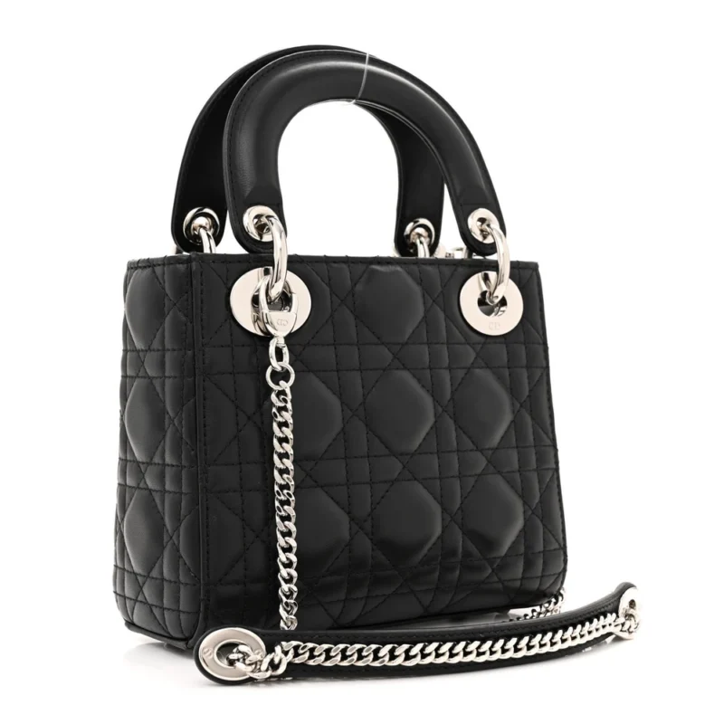 DIOR MINI LADY DIOR BLACK CANNAGE LAMBSKIN LEATHER SILVER HARDWARE - Image 3