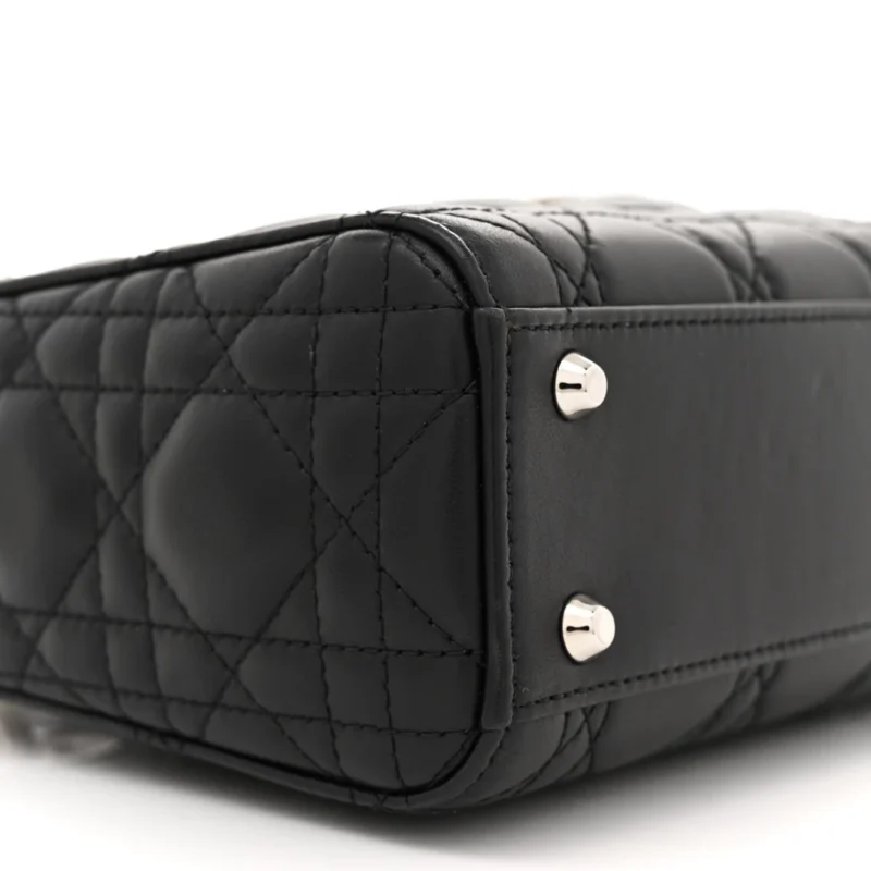 DIOR MINI LADY DIOR BLACK CANNAGE LAMBSKIN LEATHER SILVER HARDWARE - Image 4