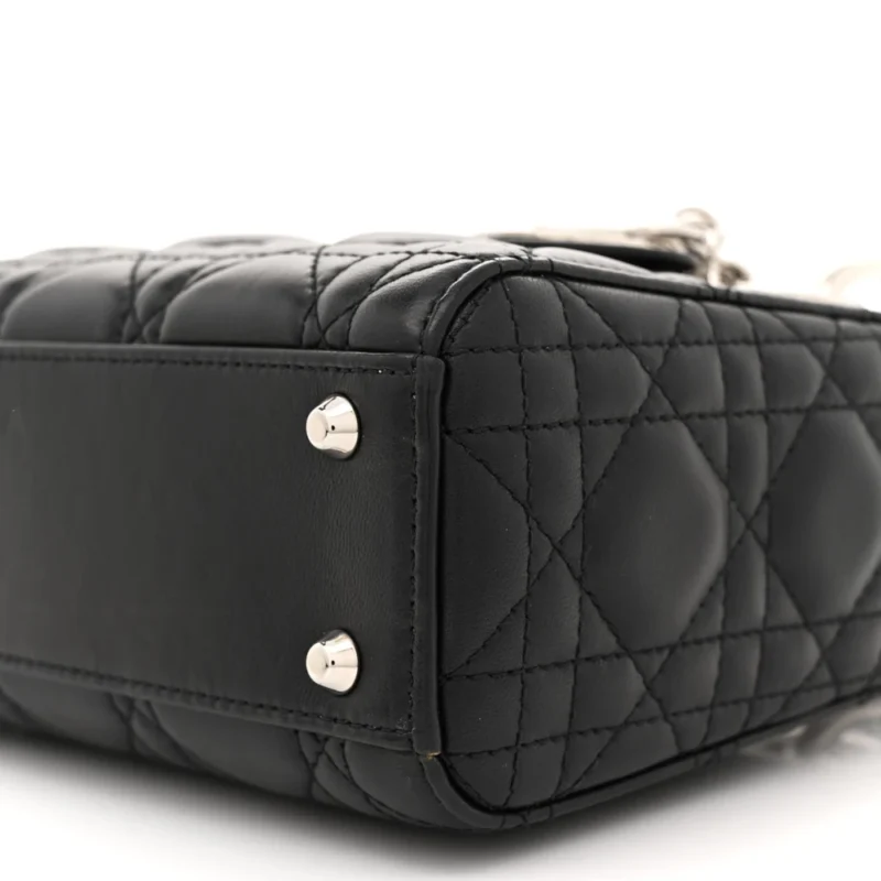 DIOR MINI LADY DIOR BLACK CANNAGE LAMBSKIN LEATHER SILVER HARDWARE - Image 5