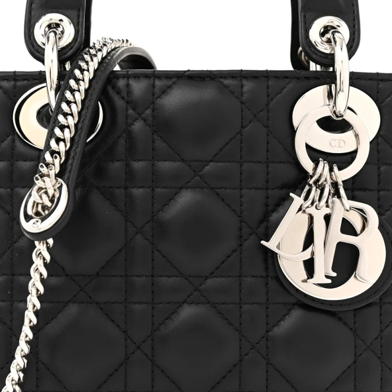 DIOR MINI LADY DIOR BLACK CANNAGE LAMBSKIN LEATHER SILVER HARDWARE - Image 8