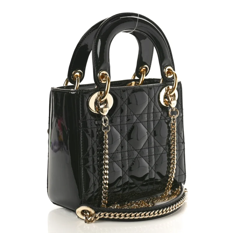 DIOR MINI LADY DIOR BLACK PATENT CANNAGE CALFSKIN LEATHER GOLD HARDWARE - Image 3