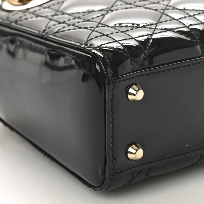 DIOR MINI LADY DIOR BLACK PATENT CANNAGE CALFSKIN LEATHER GOLD HARDWARE - Image 4