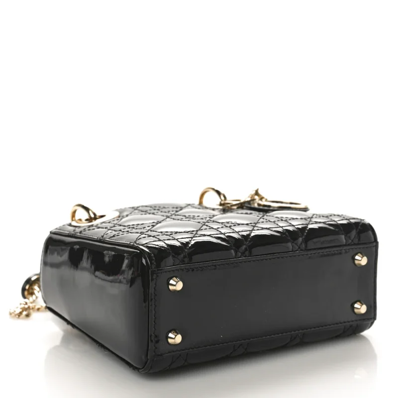 DIOR MINI LADY DIOR BLACK PATENT CANNAGE CALFSKIN LEATHER GOLD HARDWARE - Image 6