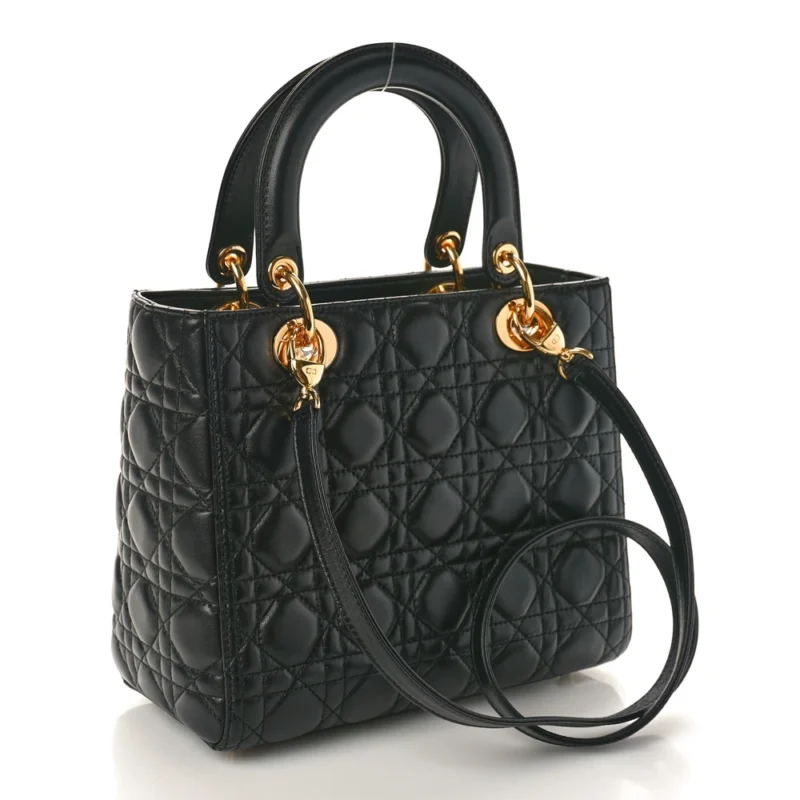 DIOR MEDIUM LADY DIOR BLACK CANNAGE LAMBSKIN LEATHER GOLD HARDWARE - Image 3