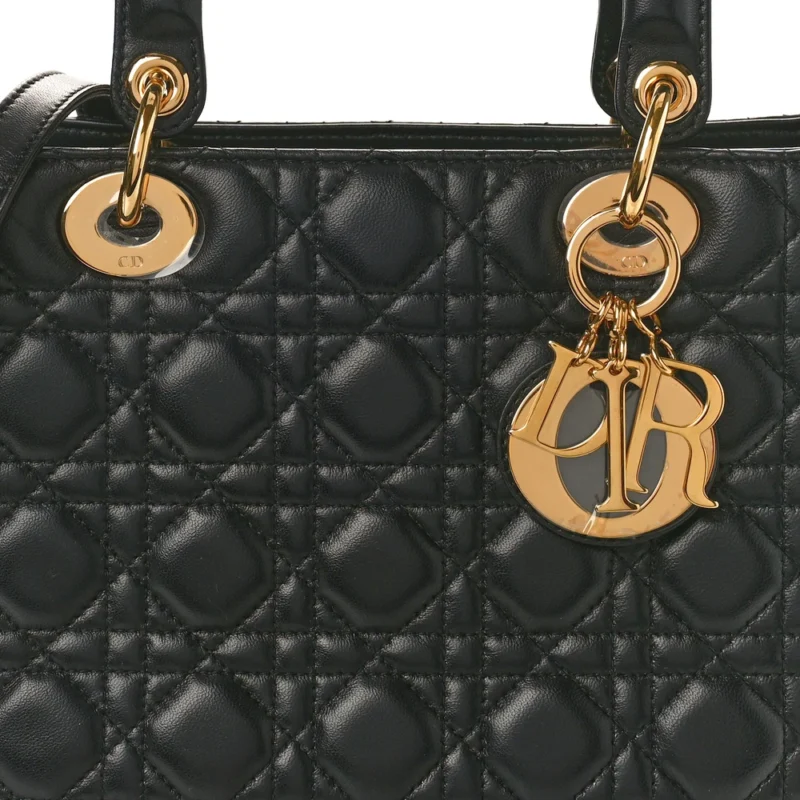 DIOR MEDIUM LADY DIOR BLACK CANNAGE LAMBSKIN LEATHER GOLD HARDWARE - Image 8