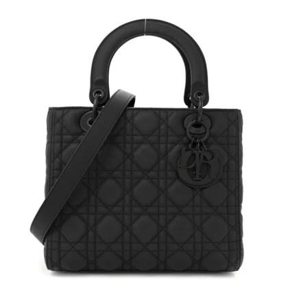 DIOR MEDIUM LADY DIOR BLACK ULTRA MATTE CANNAGE CALFSKIN LEATHER MATTE BLACK HARDWARE