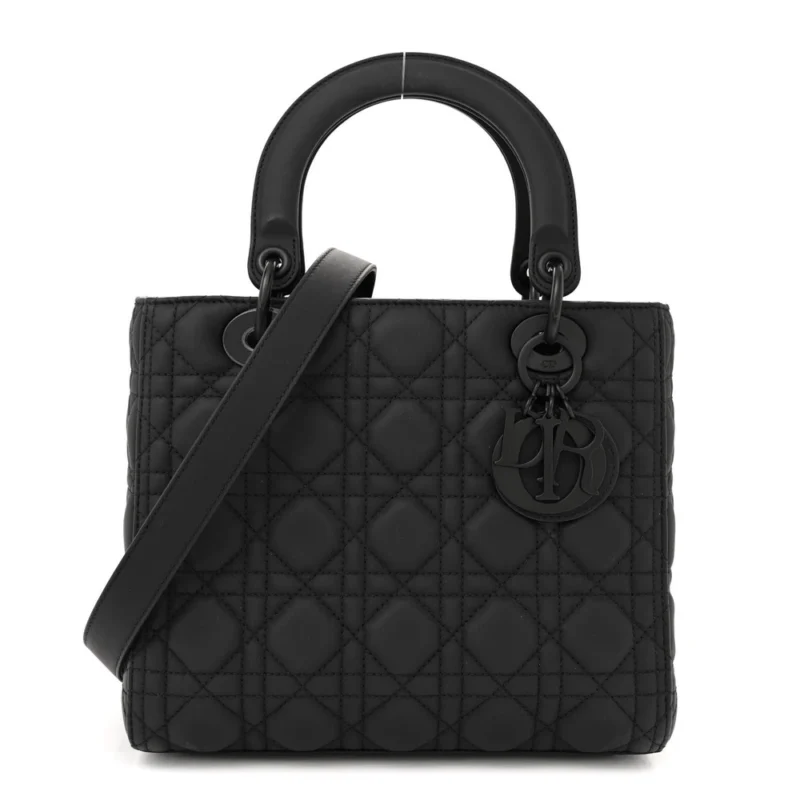 DIOR MEDIUM LADY DIOR BLACK ULTRA MATTE CANNAGE CALFSKIN LEATHER MATTE BLACK HARDWARE