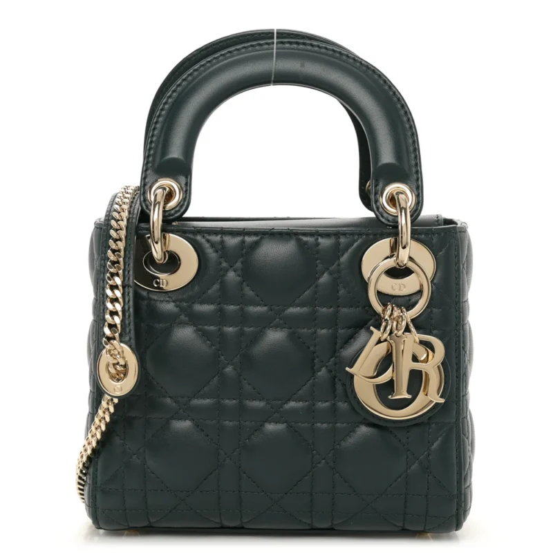 DIOR MINI LADY DIOR DARK GREEN CANNAGE LAMBSKIN LEATHER LIGHT GOLD HARDWARE