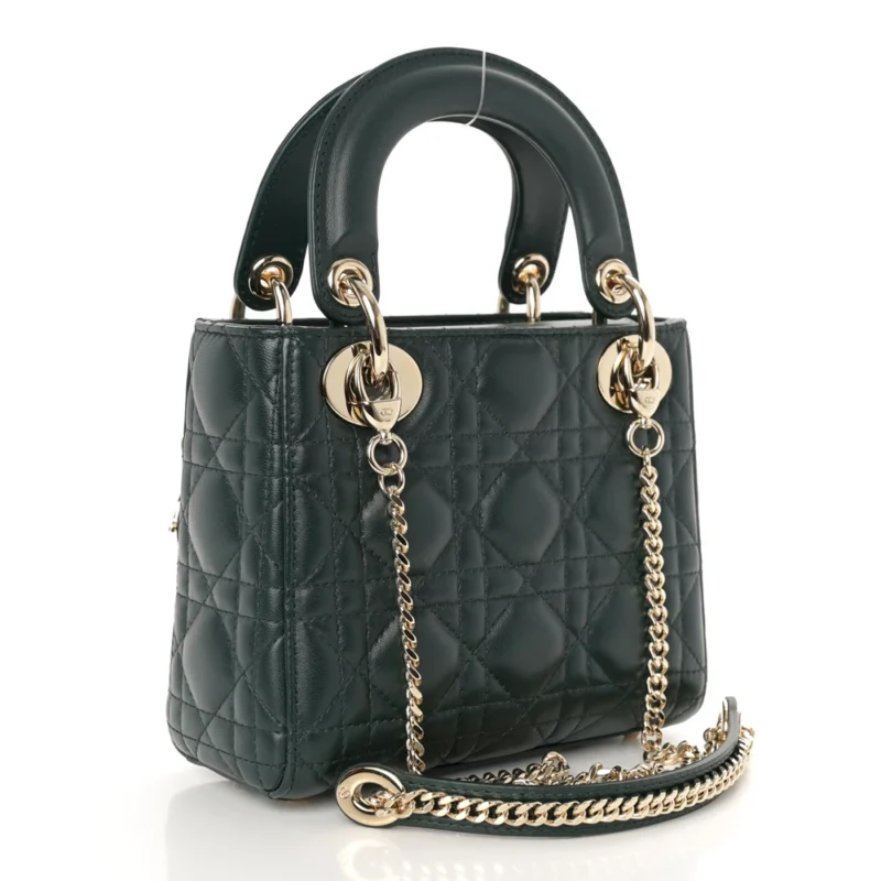 DIOR MINI LADY DIOR DARK GREEN CANNAGE LAMBSKIN LEATHER LIGHT GOLD HARDWARE - Image 3