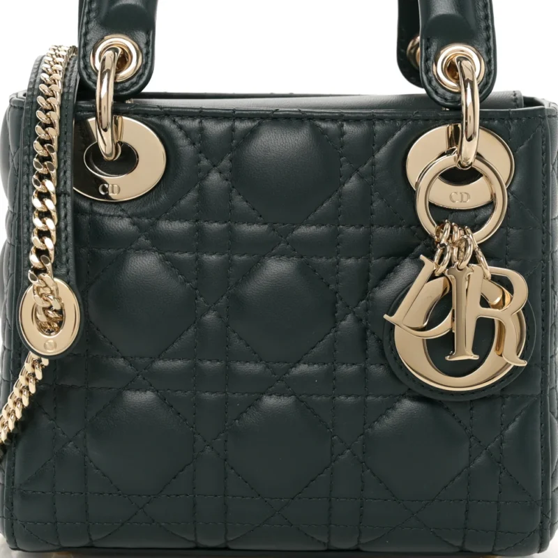 DIOR MINI LADY DIOR DARK GREEN CANNAGE LAMBSKIN LEATHER LIGHT GOLD HARDWARE - Image 8