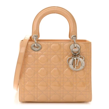DIOR MEDIUM LADY DIOR ROSE CLAIR PATENT CANNAGE CALFSKIN LEATHER SILVER HARDWARE