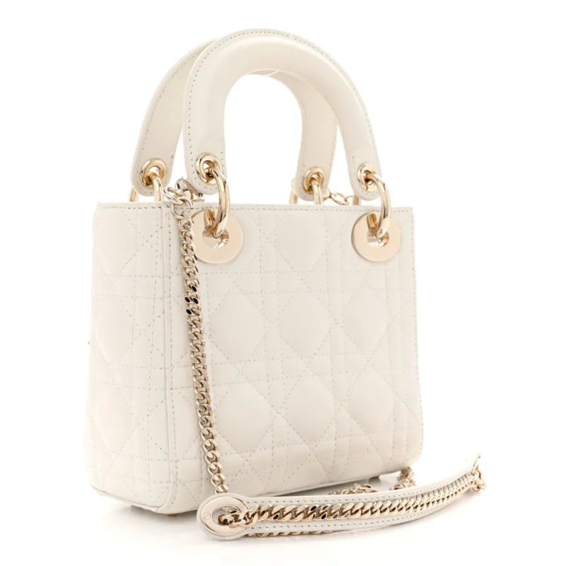 DIOR MINI LADY DIOR WHITE CANNAGE LAMBSKIN LEATHER GOLD HARDWARE - Image 3