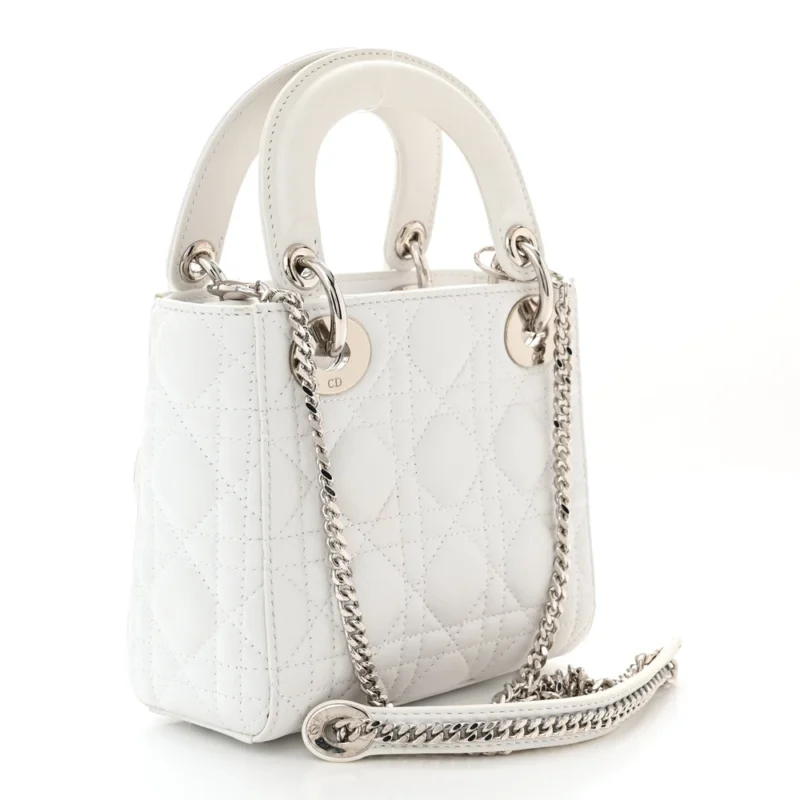 DIOR MINI LADY DIOR WHITE LAMBSKIN CANNAGE LEATHER SILVER HARDWARE - Image 3