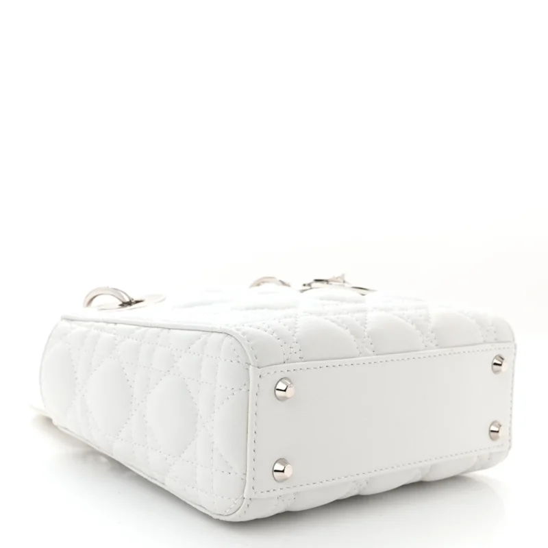 DIOR MINI LADY DIOR WHITE LAMBSKIN CANNAGE LEATHER SILVER HARDWARE - Image 6