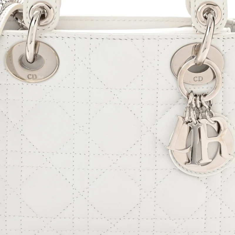 DIOR MINI LADY DIOR WHITE LAMBSKIN CANNAGE LEATHER SILVER HARDWARE - Image 8