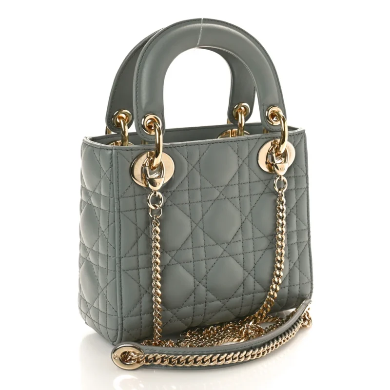 DIOR MINI LADY DIOR GREY CANNAGE LAMBSKIN LEATHER GOLD HARDWARE - Image 3