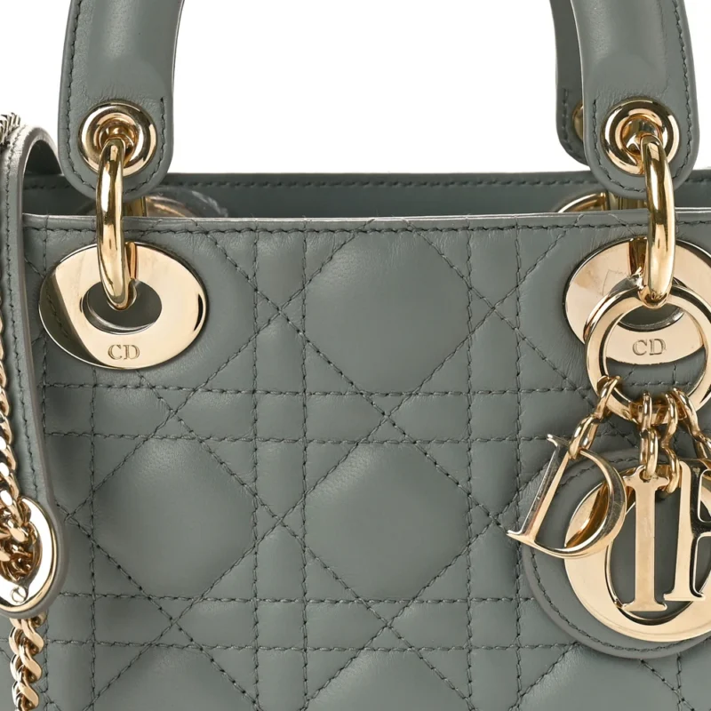 DIOR MINI LADY DIOR GREY CANNAGE LAMBSKIN LEATHER GOLD HARDWARE - Image 8