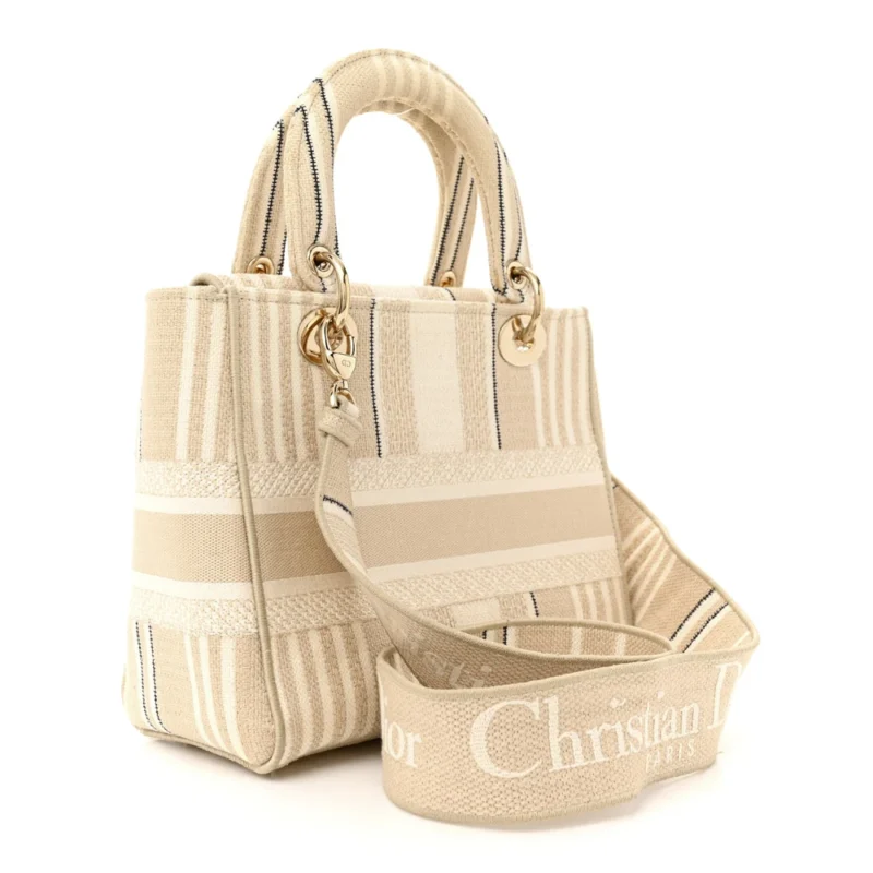 DIOR MEDIUM STRIPES LADY D-LITE BEIGE EMBROIDERED CANVAS GOLD HARDWARE - Image 3