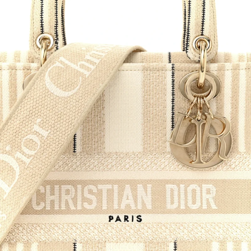 DIOR MEDIUM STRIPES LADY D-LITE BEIGE EMBROIDERED CANVAS GOLD HARDWARE - Image 8