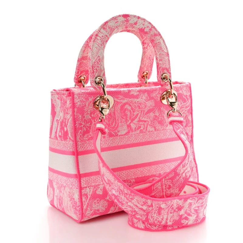 DIOR MEDIUM TOILE DE JOUY LADY D-LITE FLUORESCENT PINK REVERSE EMBROIDERED CANVAS GOLD HARDWARE - Image 3