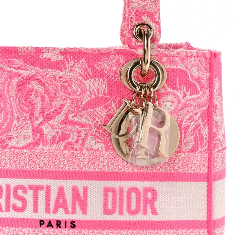 DIOR MEDIUM TOILE DE JOUY LADY D-LITE FLUORESCENT PINK REVERSE EMBROIDERED CANVAS GOLD HARDWARE - Image 6