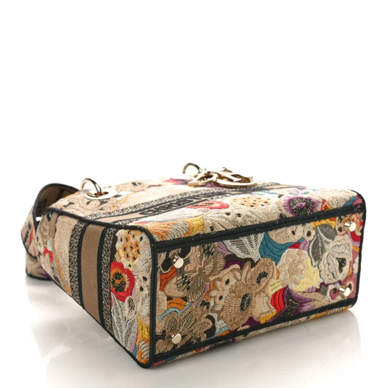 DIOR MEDIUM LADY D-LITE BEIGE/BLACK/MULTICOLOR FLORAL EMBROIDERED CANVAS GOLD HARDWARE - Image 6