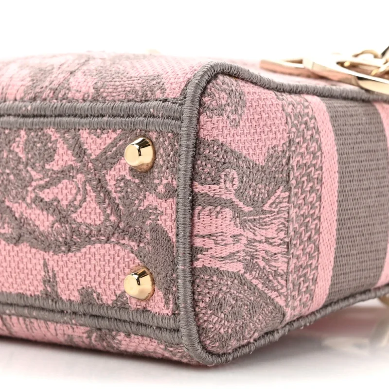 DIOR MINI TOILE DE JOUY LADY D-LITE GREY/PINK EMBROIDERED CANVAS GOLD HARDWARE - Image 5