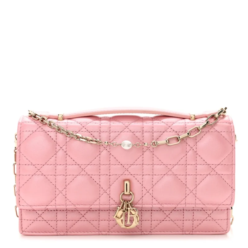 DIOR MINI MY DIOR TOP HANDLE CLUTCH ANTIQUE PINK CANNAGE LAMBSKIN LEATHER GOLD HARDWARE