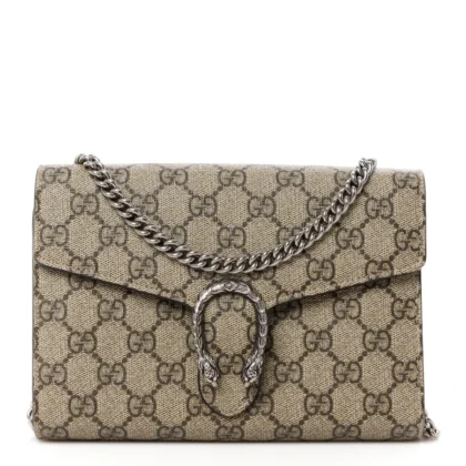 GUCCI MINI DIONYSUS CHAIN WALLET BEIGE/TAUPE GG SUPREME MONOGRAM CANVAS AGED SILVER HARDWARE