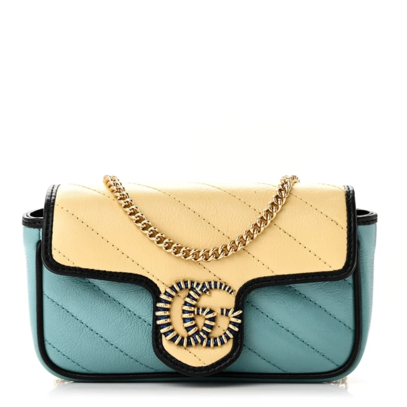 GUCCI MINI DIAGONAL SUPER TORCHON GG MARMONT SHOULDER BAG AZALEA MULTICOLOR ENAMEL CALFSKIN MATELASS?? LEATHER GOLD HARDWARE