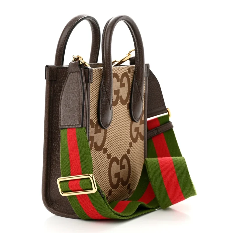 GUCCI MINI VERTICAL TOTE CAMEL EBONY TEXTURED DOLLAR CALFSKIN LEATHER GOLD HARDWARE - Image 3