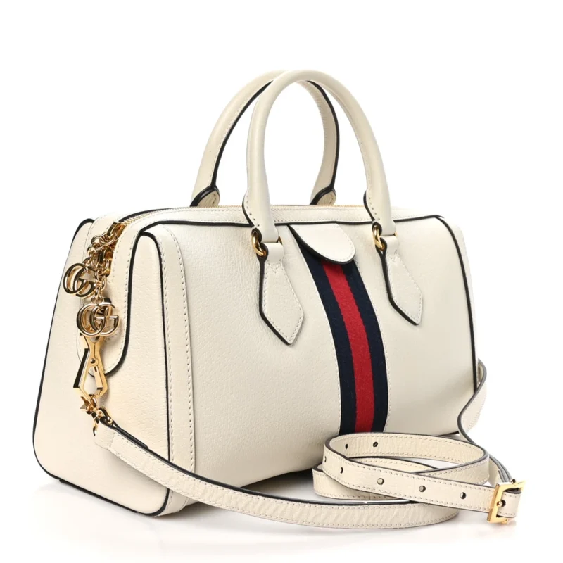 GUCCI MEDIUM OPHIDIA BOSTON BAG MYSTIC WHITE SUEDE & PATENT LEATHER GG WEB GOLD HARDWARE - Image 3