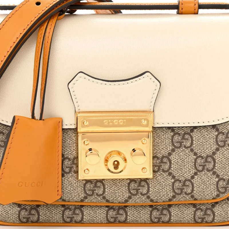 GUCCI MINI PADLOCK FLAP POCKET SHOULDER BAG BEIGE / MYSTIC WHITE / SUN OIL GG SUPREME MONOGRAM CANVAS GOLD HARDWARE - Image 8