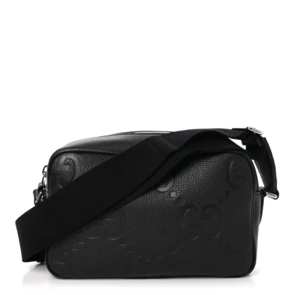 GUCCI MEDIUM JUMBO GG MESSENGER BAG BLACK EMBOSSED PIUMA CALFSKIN LEATHER SILVER HARDWARE