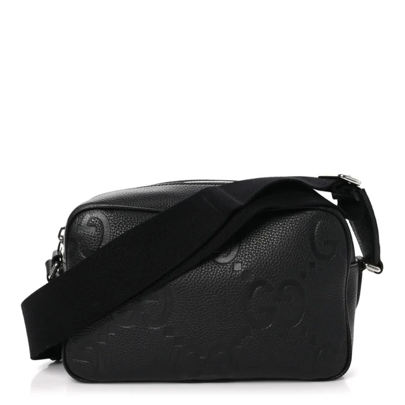 GUCCI MEDIUM JUMBO GG MESSENGER BAG BLACK EMBOSSED PIUMA CALFSKIN LEATHER SILVER HARDWARE