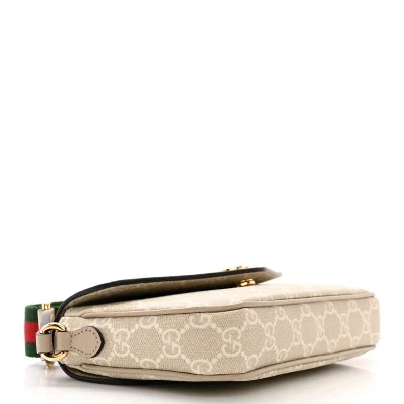 GUCCI MINI WEB OPHIDIA ENVELOPE SHOULDER BAG BEIGE / MYSTIC WHITE / OATMEAL GG SUPREME MONOGRAM CANVAS & TEXTURED DOLLAR CALFSKIN LEATHER GOLD HARDWARE - Image 6