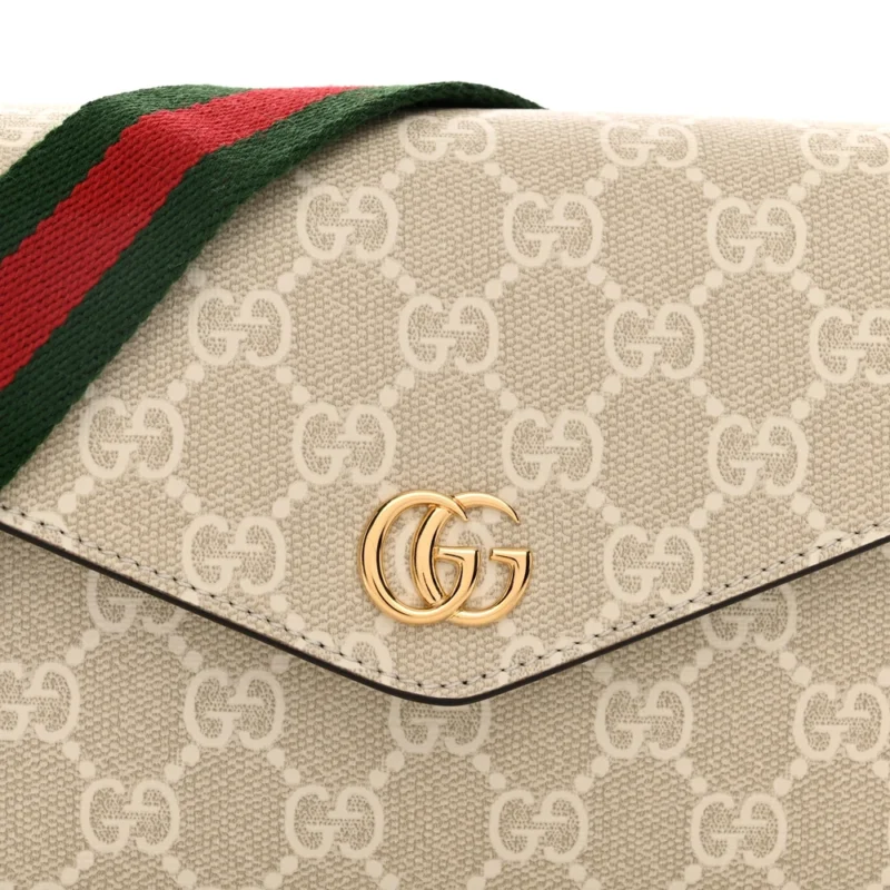 GUCCI MINI WEB OPHIDIA ENVELOPE SHOULDER BAG BEIGE / MYSTIC WHITE / OATMEAL GG SUPREME MONOGRAM CANVAS & TEXTURED DOLLAR CALFSKIN LEATHER GOLD HARDWARE - Image 8