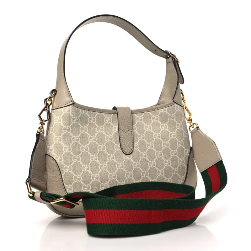 GUCCI SMALL WEB JACKIE 1961 HOBO BEIGE / MYSTIC WHITE / OATMEAL GG SUPREME MONOGRAM CANVAS & TEXTURED DOLLAR CALFSKIN LEATHER GOLD HARDWARE - Image 3