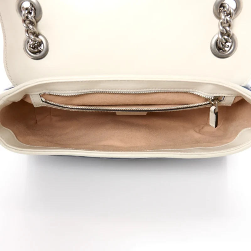 GUCCI SMALL TORCHON GG MARMONT SHOULDER BAG BLUE AGATA / MYSTIC WHITE VINTAGE EFFECT CALFSKIN LEATHER MATELASS?? DIAGONAL AGED SILVER HARDWARE - Image 7