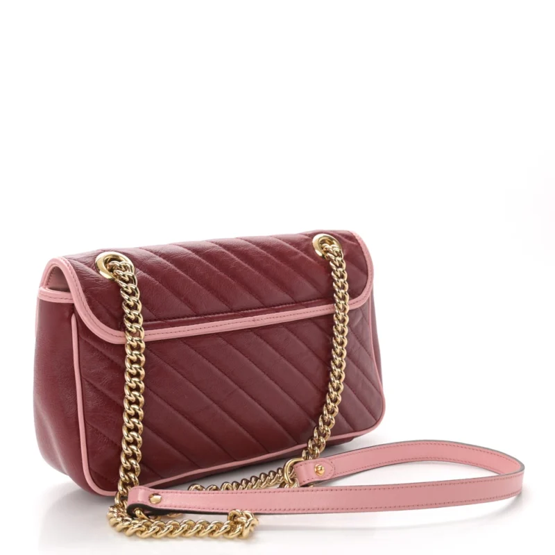 GUCCI SMALL DIAGONAL TORCHON GG MARMONT SHOULDER BAG NEW CHERRY RED / WILD ROSE AZALEA ENAMEL CALFSKIN MATELASS?? LEATHER GOLD HARDWARE - Image 3
