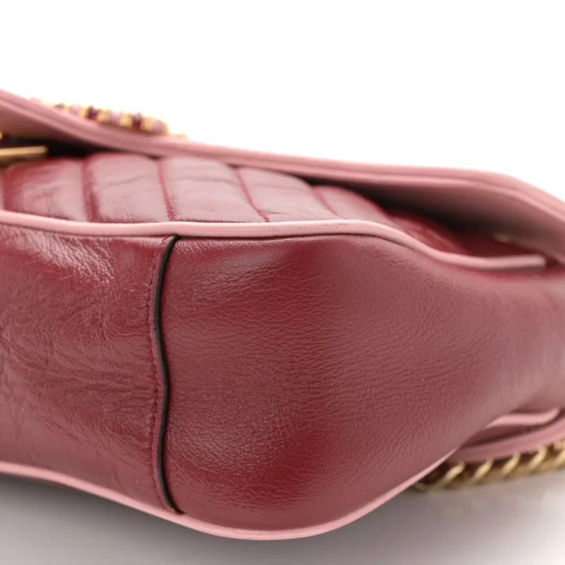 GUCCI SMALL DIAGONAL TORCHON GG MARMONT SHOULDER BAG NEW CHERRY RED / WILD ROSE AZALEA ENAMEL CALFSKIN MATELASS?? LEATHER GOLD HARDWARE - Image 4
