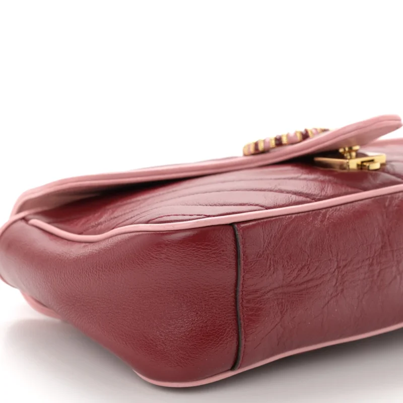 GUCCI SMALL DIAGONAL TORCHON GG MARMONT SHOULDER BAG NEW CHERRY RED / WILD ROSE AZALEA ENAMEL CALFSKIN MATELASS?? LEATHER GOLD HARDWARE - Image 5