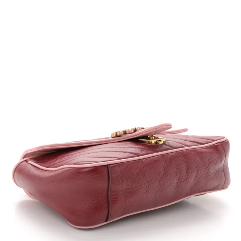 GUCCI SMALL DIAGONAL TORCHON GG MARMONT SHOULDER BAG NEW CHERRY RED / WILD ROSE AZALEA ENAMEL CALFSKIN MATELASS?? LEATHER GOLD HARDWARE - Image 6