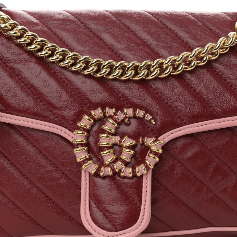 GUCCI SMALL DIAGONAL TORCHON GG MARMONT SHOULDER BAG NEW CHERRY RED / WILD ROSE AZALEA ENAMEL CALFSKIN MATELASS?? LEATHER GOLD HARDWARE - Image 8