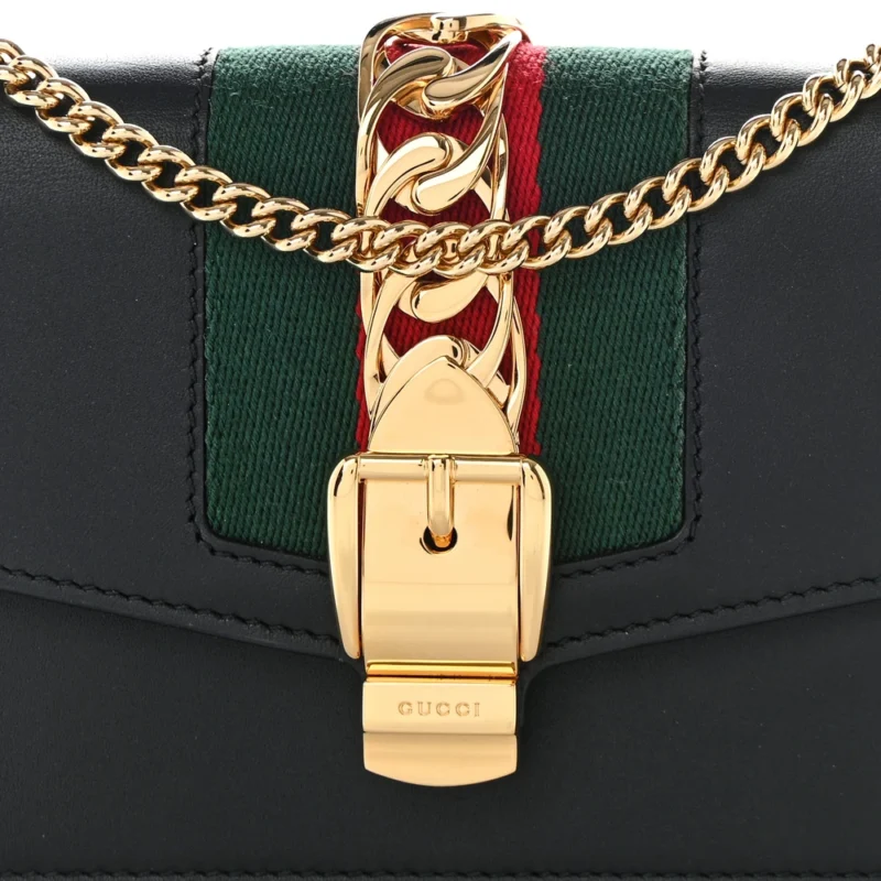 GUCCI SUPER MINI SYLVIE CHAIN SHOULDER BAG BLACK CALFSKIN LEATHER GOLD HARDWARE - Image 8