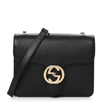 GUCCI SMALL INTERLOCKING G SHOULDER BAG BLACK DOLLAR CALFSKIN LEATHER GOLD HARDWARE