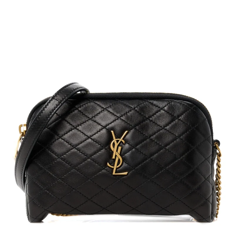 SAINT LAURENT MINI GABY ZIPPED POUCH BLACK QUILTED LAMBSKIN LEATHER AGED GOLD HARDWARE