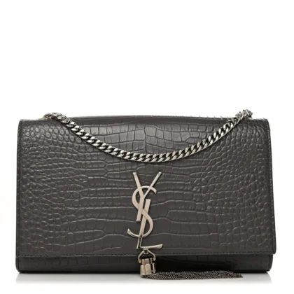 SAINT LAURENT MEDIUM KATE TASSEL SATCHEL STORM EMBOSSED CLASSIC MONOGRAM CALFSKIN & CROCODILE LEATHER SILVER HARDWARE