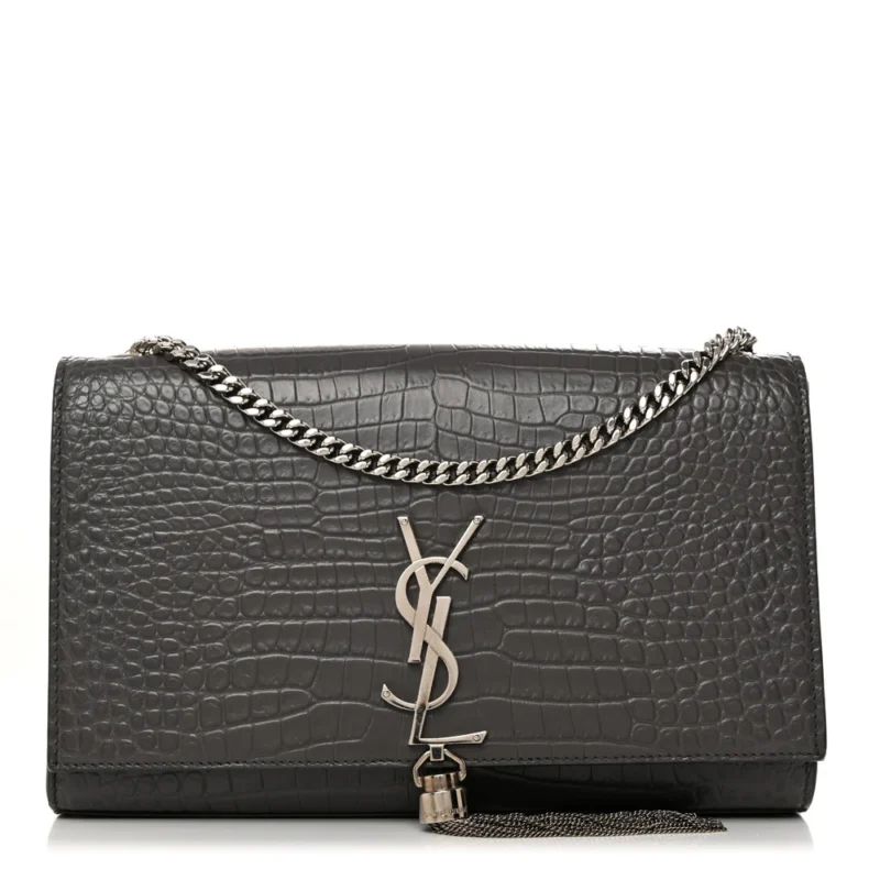 SAINT LAURENT MEDIUM KATE TASSEL SATCHEL STORM EMBOSSED CLASSIC MONOGRAM CALFSKIN & CROCODILE LEATHER SILVER HARDWARE